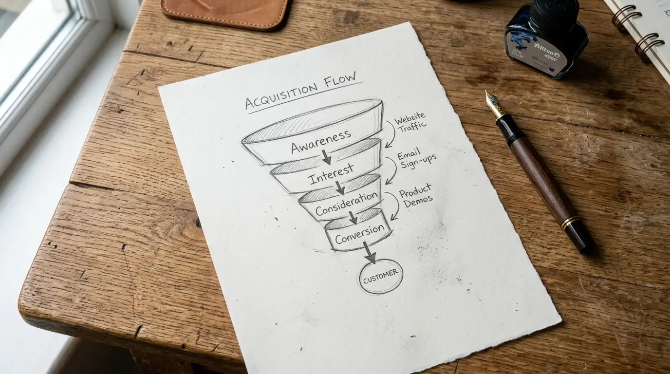 Diagramma a mano libera su un foglio bianco che illustra un imbuto di acquisizione di nuovi giocatori