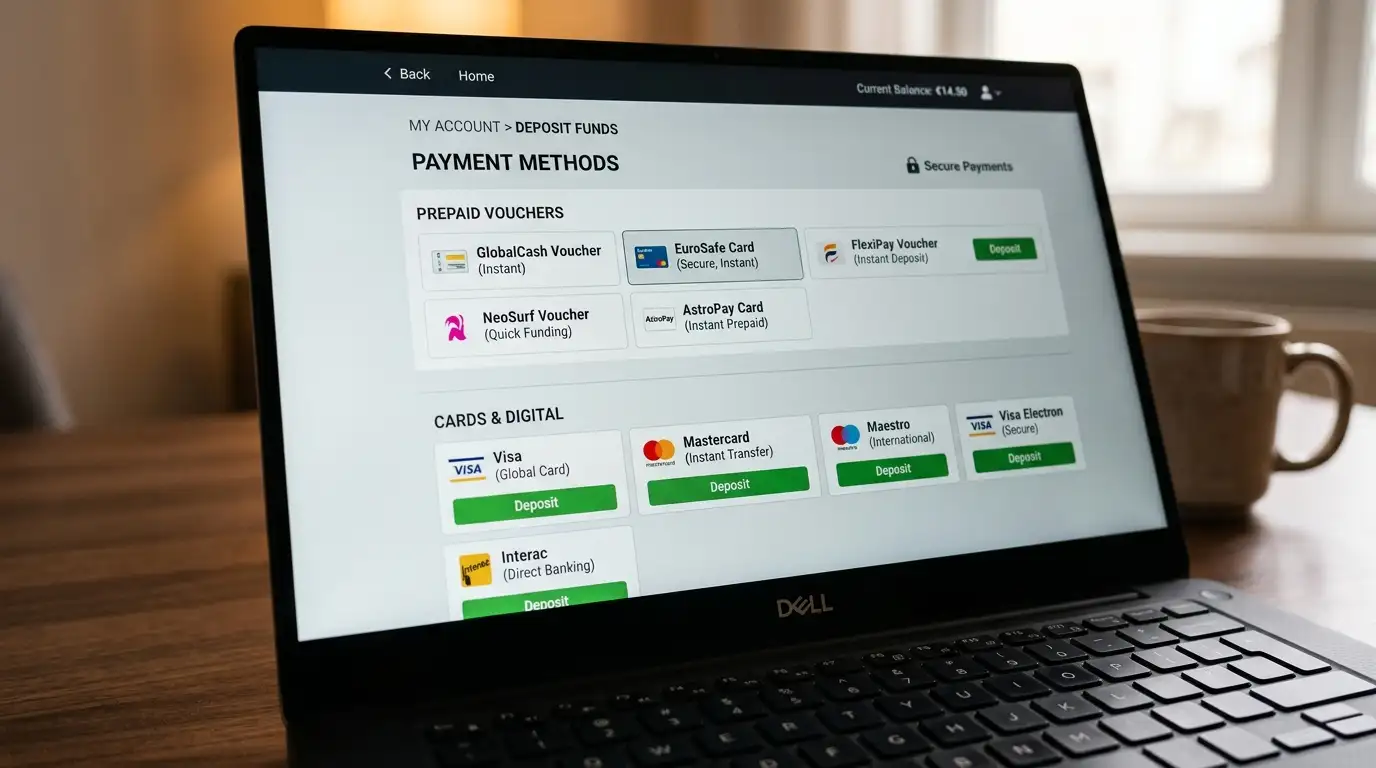 Schermo di laptop con la pagina dei metodi di pagamento di un casinò estero non AAMS in evidenza
