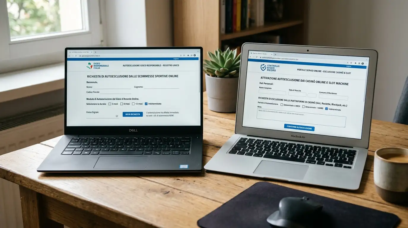 Due schermi di laptop appaiati che mostrano due regimi diversi di autoesclusione casinò online