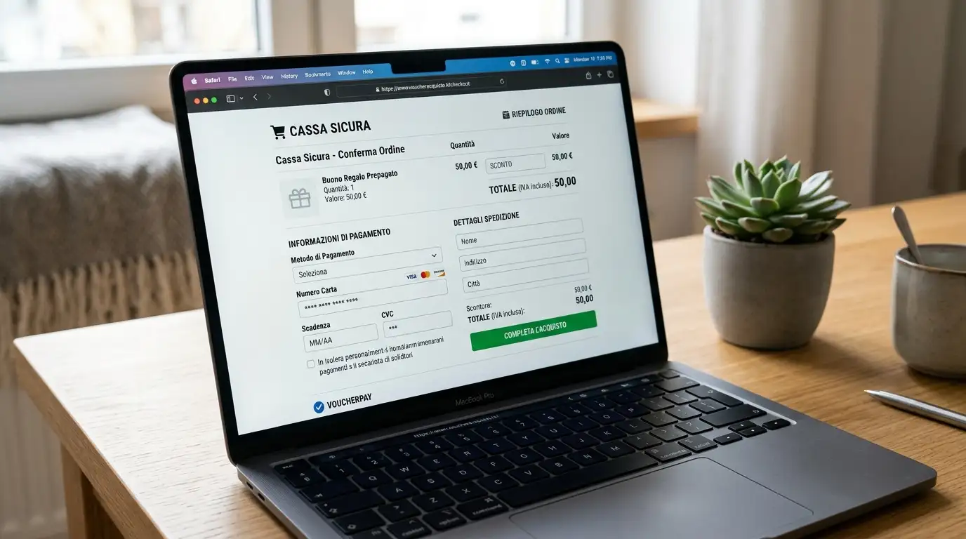 Laptop su scrivania ordinata mostra una pagina di acquisto online di voucher prepagato con il flusso di checkout
