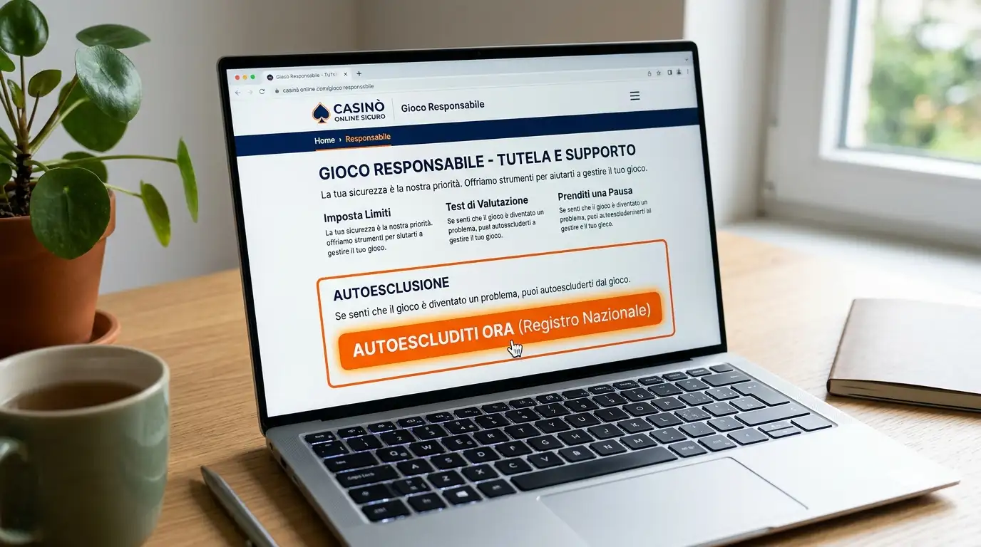 Schermo di laptop con la sezione gioco responsabile di un casinò online con bottone di autoesclusione evidenziato