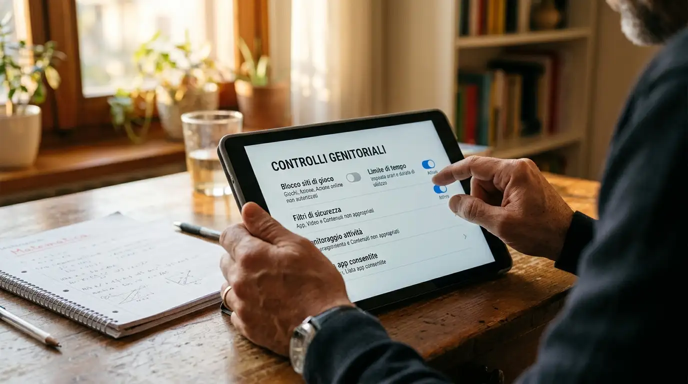 Genitore configura impostazioni di parental control sul tablet di un minore