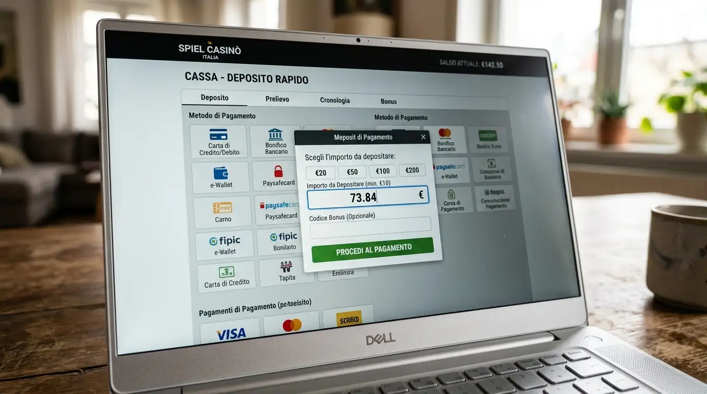 Schermo di laptop sulla pagina cassiere di un casinò che mostra un campo di deposito personalizzato inferiore al massimo