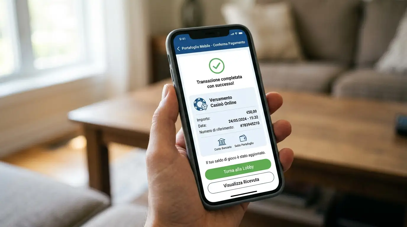 Smartphone che mostra la conferma di pagamento verso la cassa di un casinò online da un wallet digitale