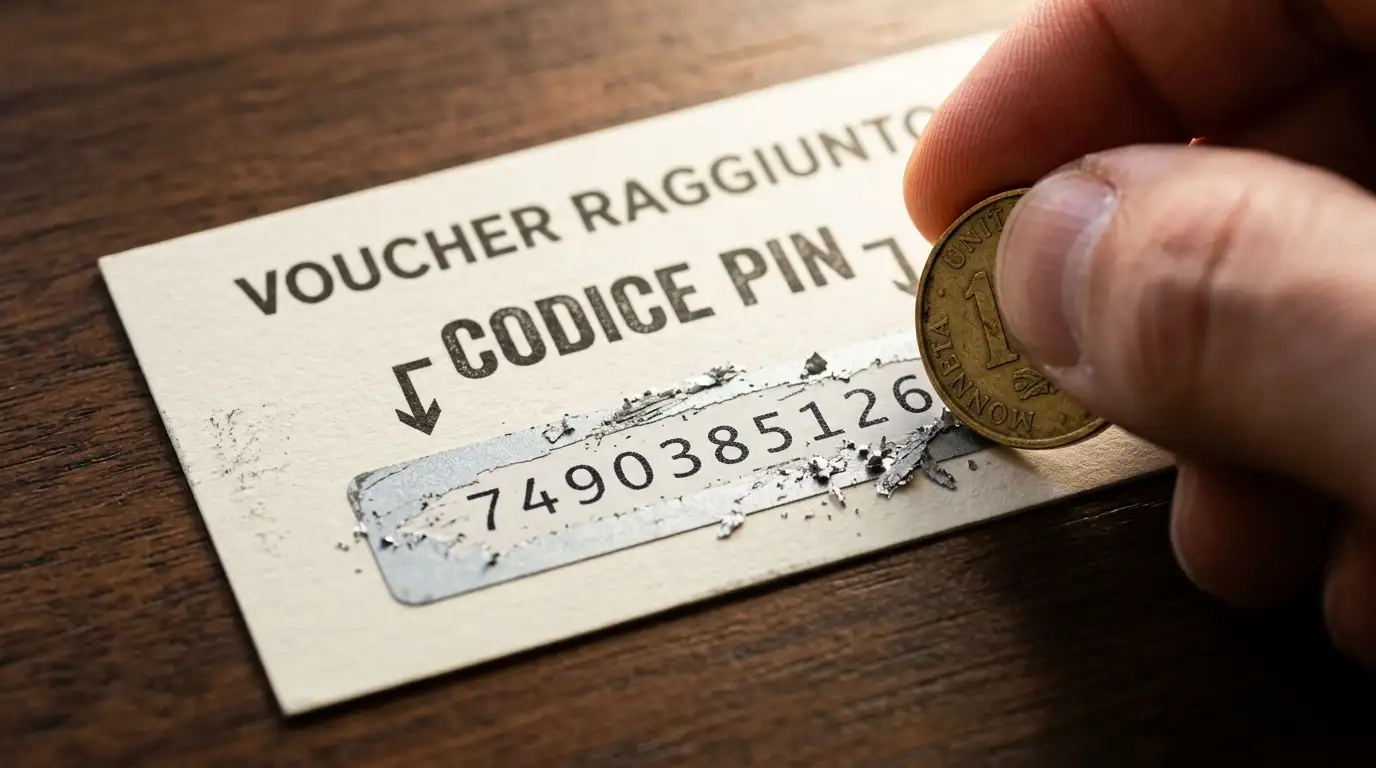 Codice PIN a dieci cifre numeriche di un voucher prepagato visibile dopo la grattatura
