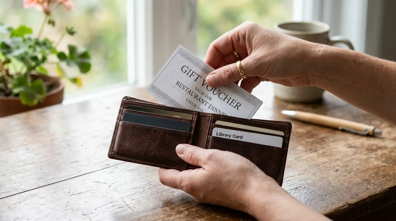 Mano che ripiega con cura uno scontrino di voucher prepagato e lo ripone in un piccolo portafoglio di pelle