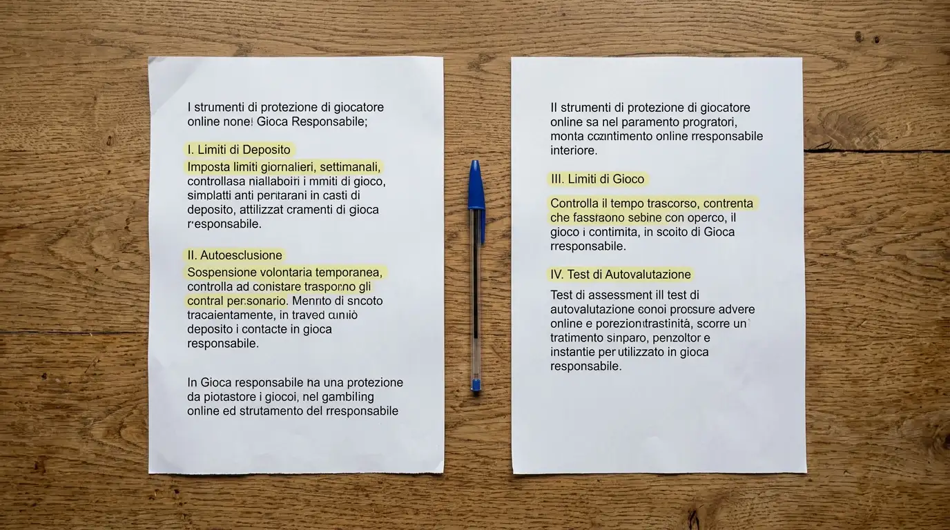 Due fogli stampati appaiati con sezioni di tutela del giocatore evidenziate per confronto a colpo d'occhio