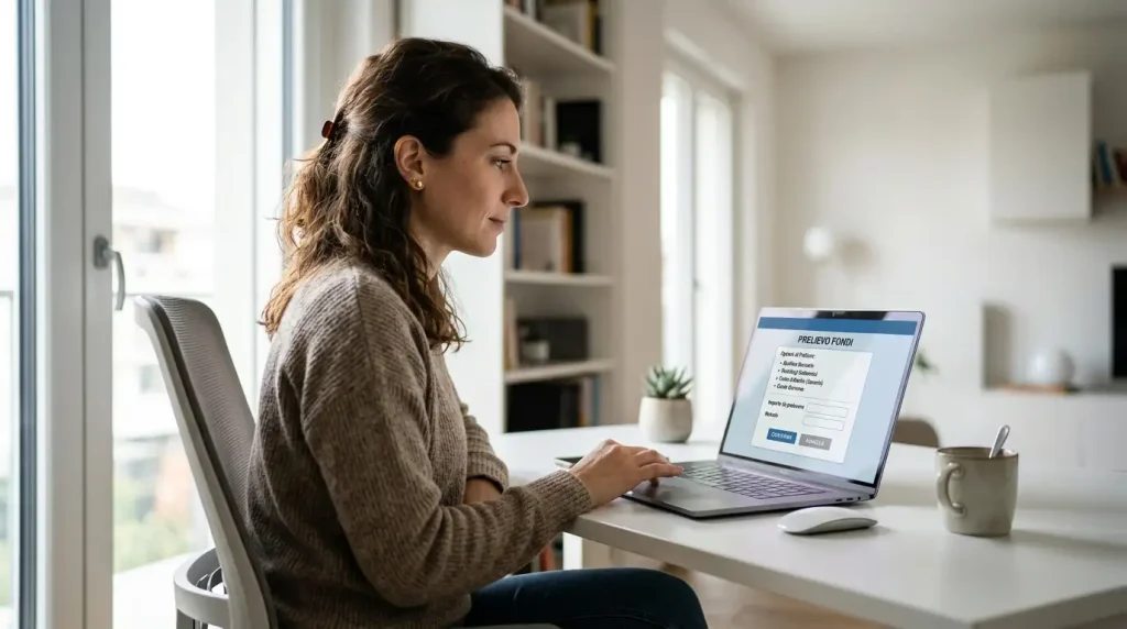 Persona davanti al laptop esamina le opzioni di prelievo nella cassa di un casinò online dopo aver vinto