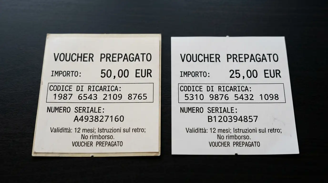 Due voucher prepagati di marche diverse posati uno accanto all'altro su una scrivania