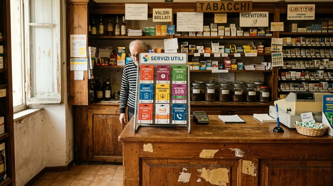 Bancone di tabaccheria italiana con piccoli voucher prepagati esposti, ambiente del rivenditore di quartiere