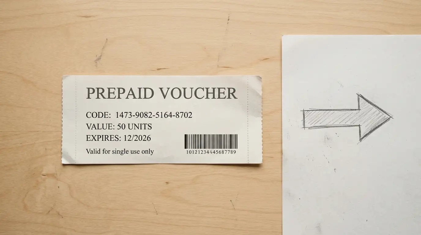 Voucher prepagato accanto a una freccia disegnata a matita che indica una sola direzione di flusso