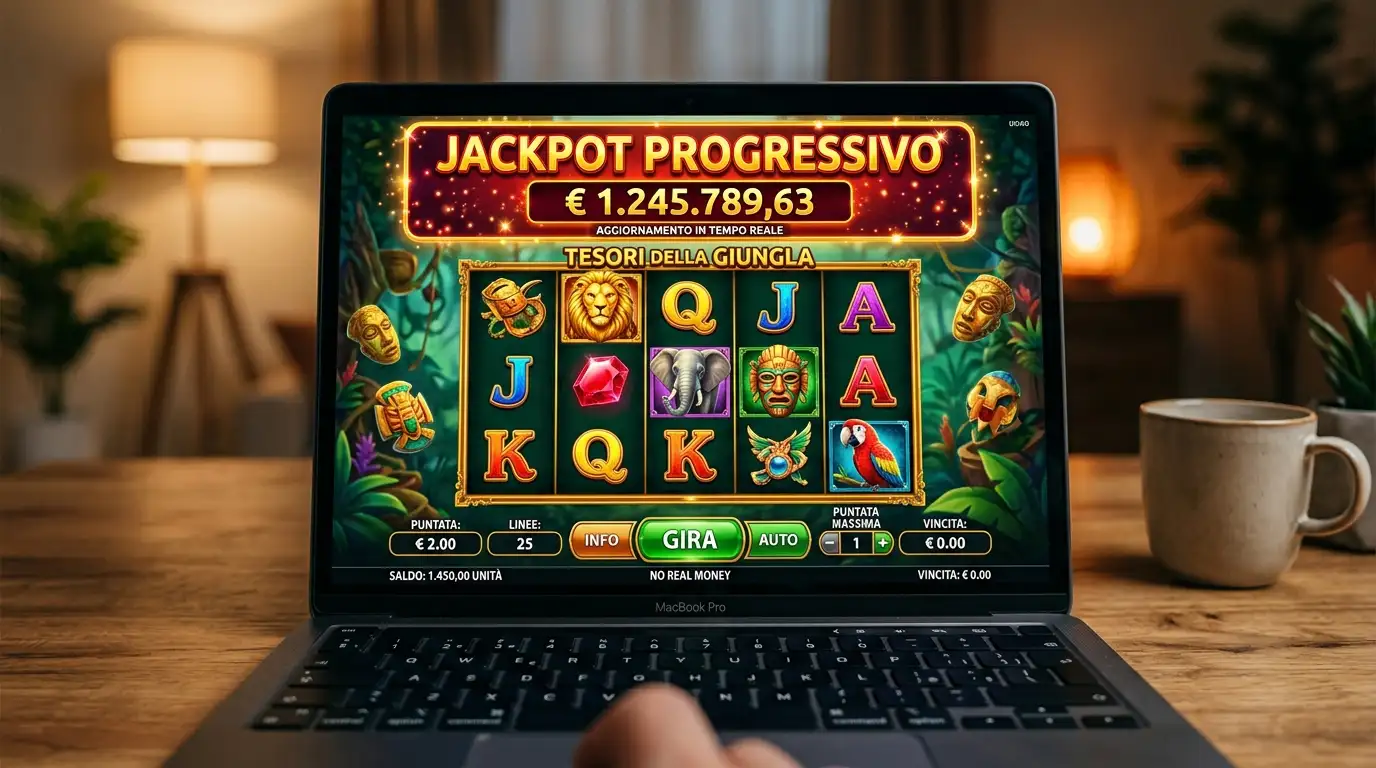 Schermo di laptop con una slot machine online che mostra un contatore di jackpot progressivo in alto