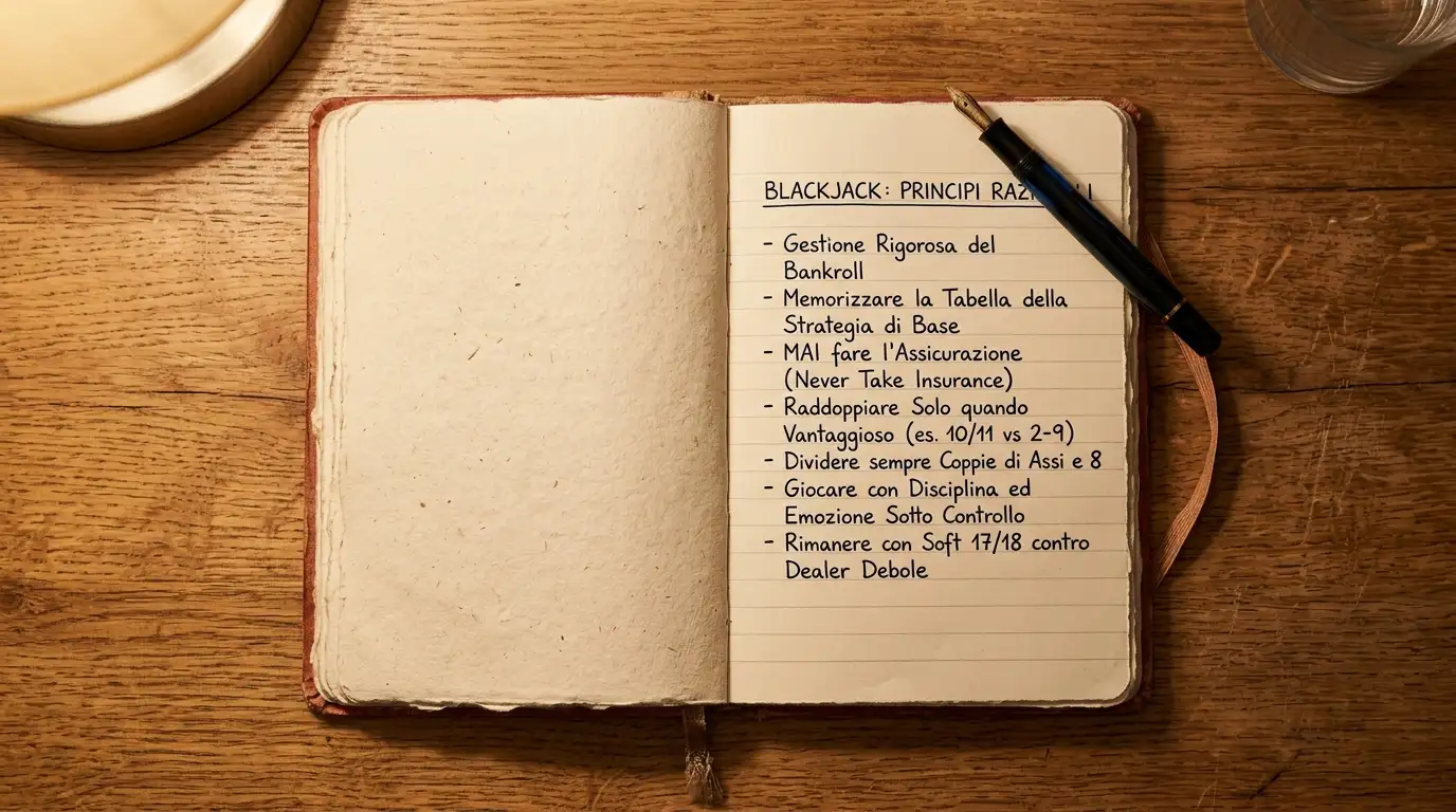Quaderno con un breve elenco a penna dei princìpi razionali per affrontare una sessione di blackjack