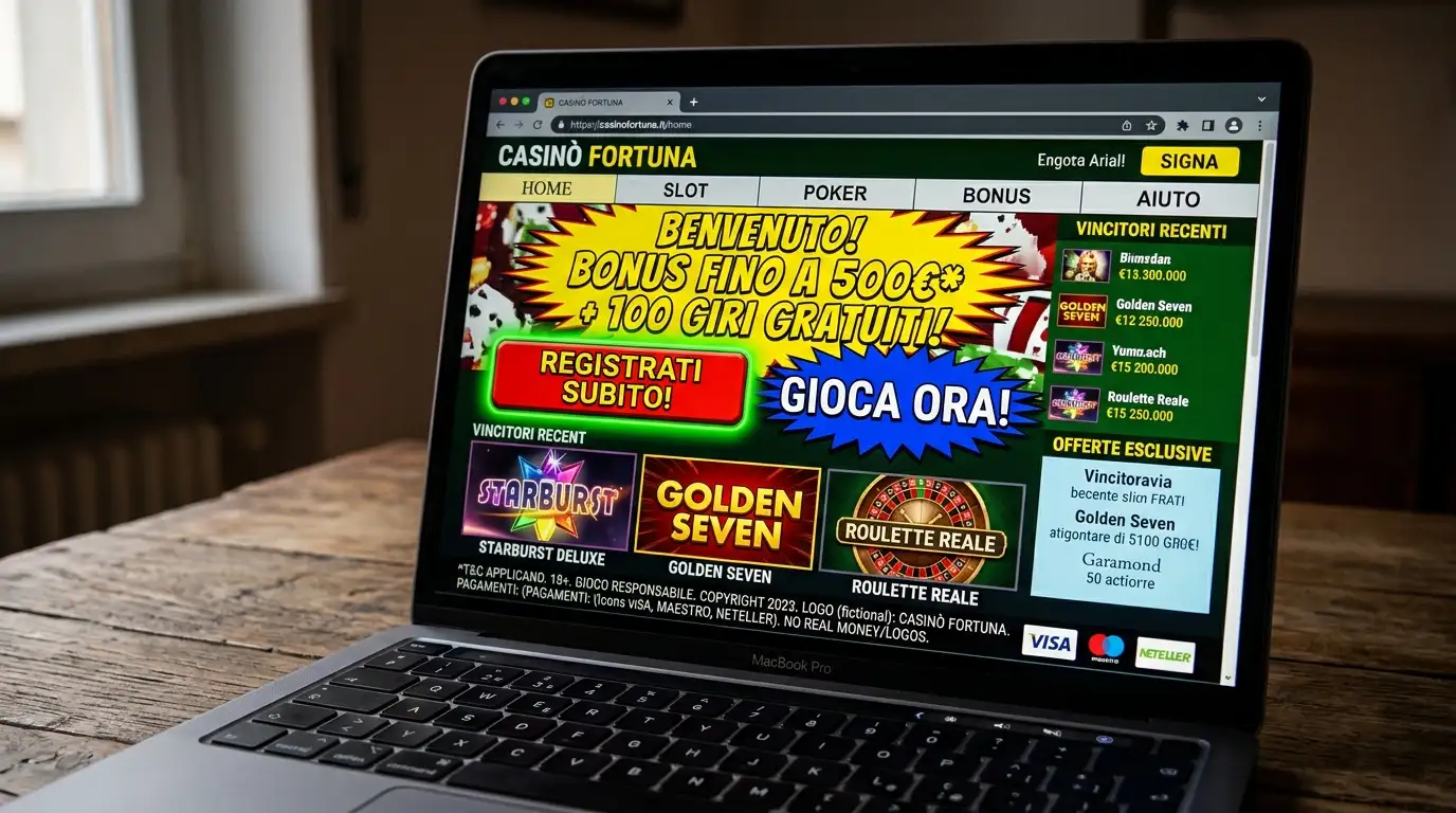 Schermo di laptop con un casinò online con interfaccia poco professionale e bottoni sproporzionati