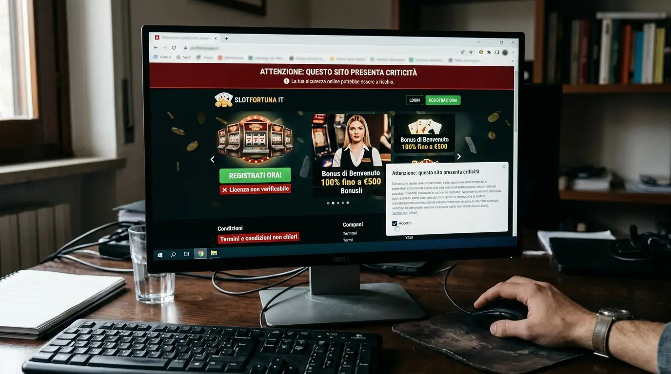 Schermo del browser con segnalazione di pericolo su un sito di gioco non affidabile