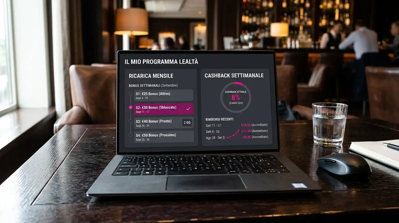 Pannello di un programma di ricarica e cashback con storico delle promozioni mensili