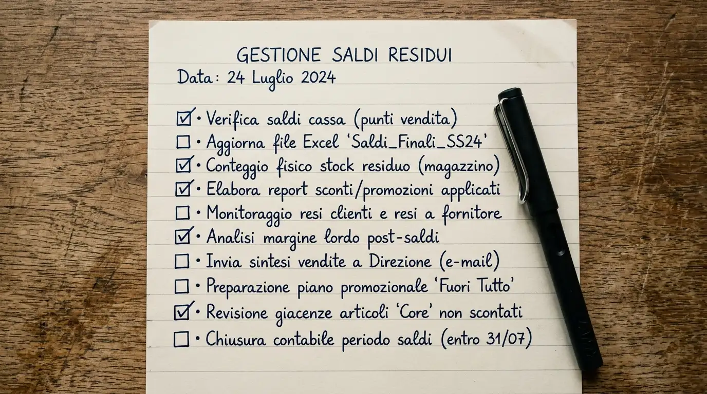 Foglio aperto con una sintetica lista di azioni operative per gestire i saldi residui dei voucher