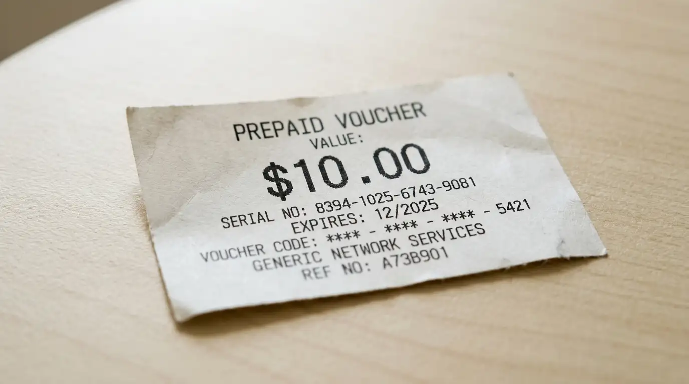 Primo piano di uno scontrino di voucher prepagato con il valore stampato visibile su superficie chiara
