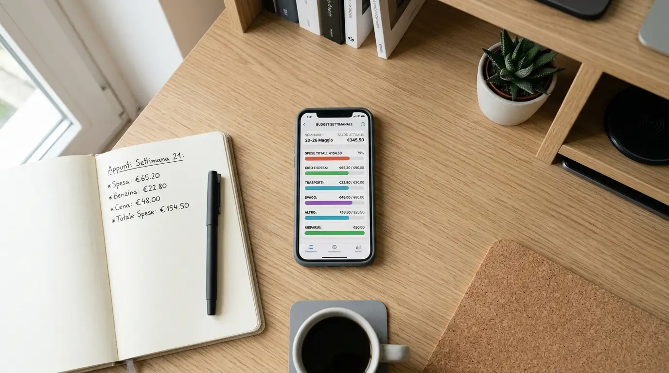 Smartphone su una scrivania ordinata con app wallet aperta mostrando il riepilogo settimanale del budget