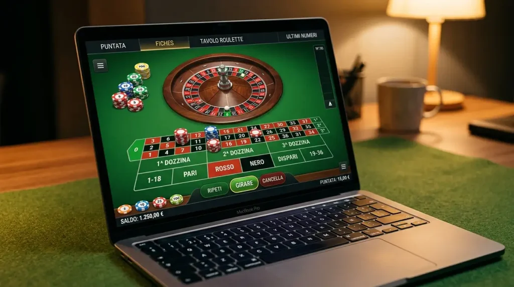 Schermo di laptop in primo piano con un tavolo di roulette europea online e biglia sul numero zero