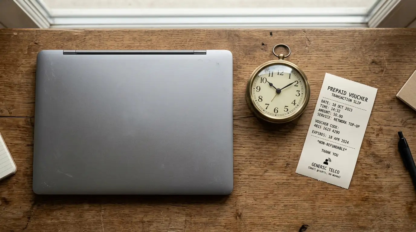Orologio analogico da tavolo accanto a un laptop chiuso e a un piccolo voucher prepagato sulla scrivania