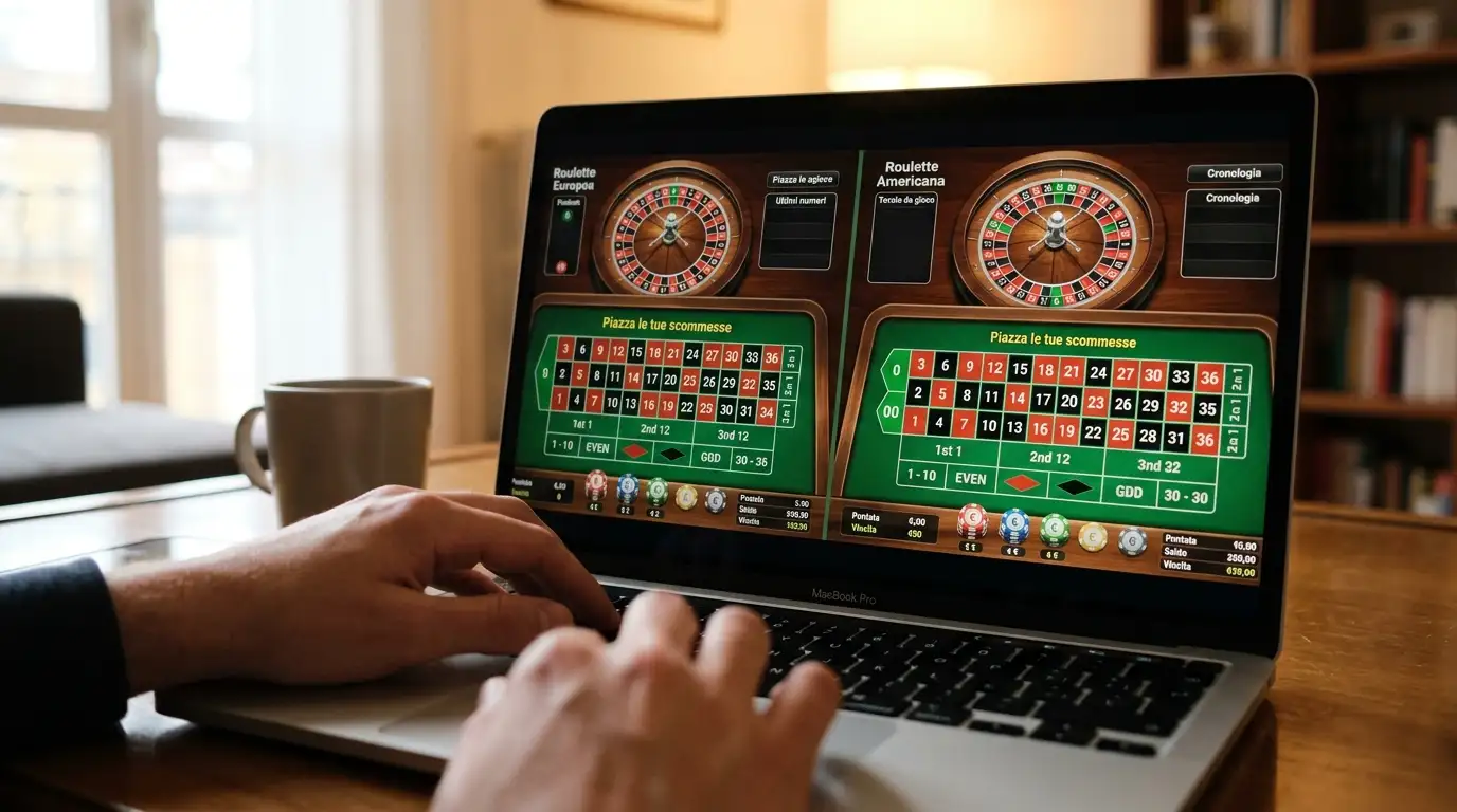 Schermo di laptop con due tabelloni di roulette online affiancati per confronto fra varianti diverse