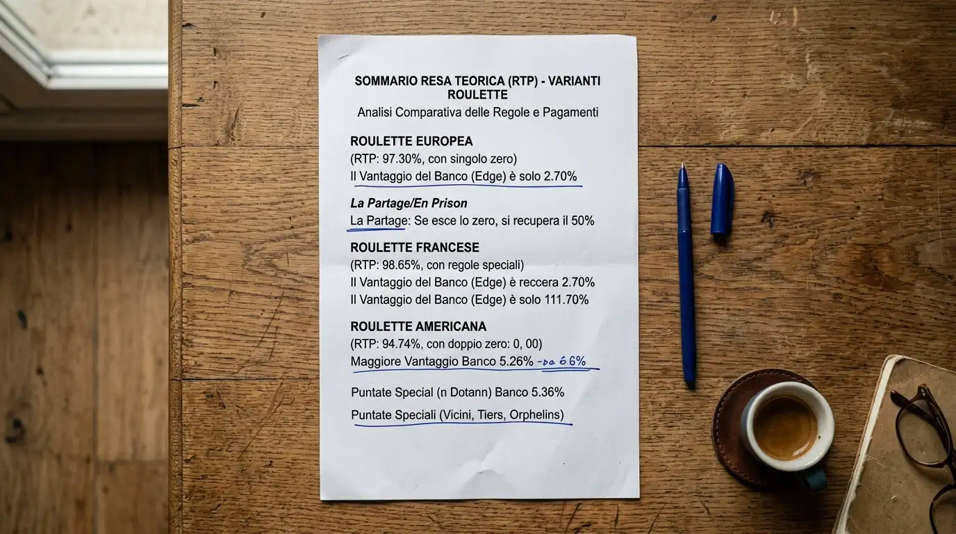 Foglio stampato con un breve riepilogo di RTP delle varianti di roulette con sottolineature a penna