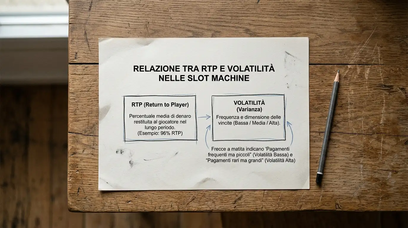 Foglio stampato con schema sintetico di RTP e volatilità di una slot affiancati per confronto visivo