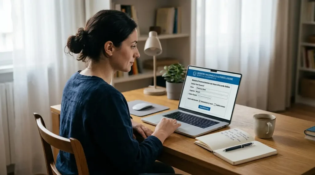 Persona davanti al laptop con un modulo di autoesclusione casinò aperto su schermo e un quaderno di pianificazione