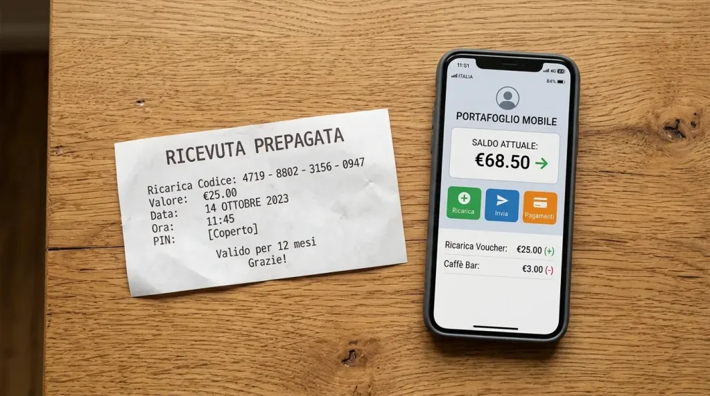 Scontrino di voucher prepagato e smartphone affiancati su una scrivania mostrano il saldo residuo dopo un deposito