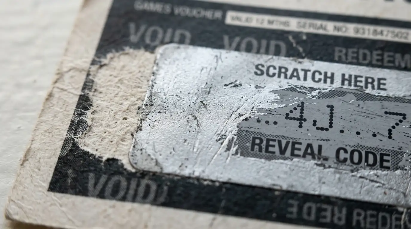 Primo piano dello strato argentato che protegge il codice PIN di uno scontrino voucher prepagato