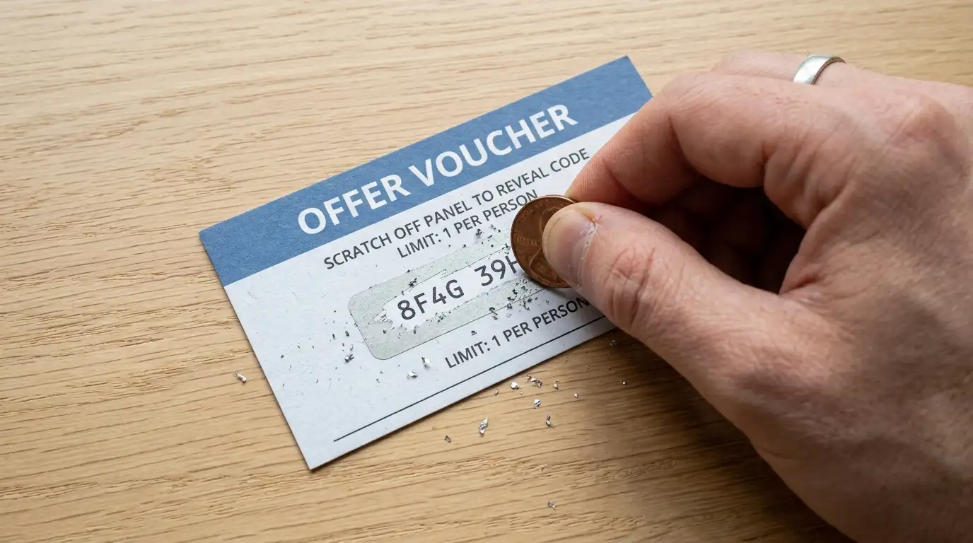 Moneta usata per grattare la pellicola argentata di uno scontrino voucher prepagato e svelare il PIN