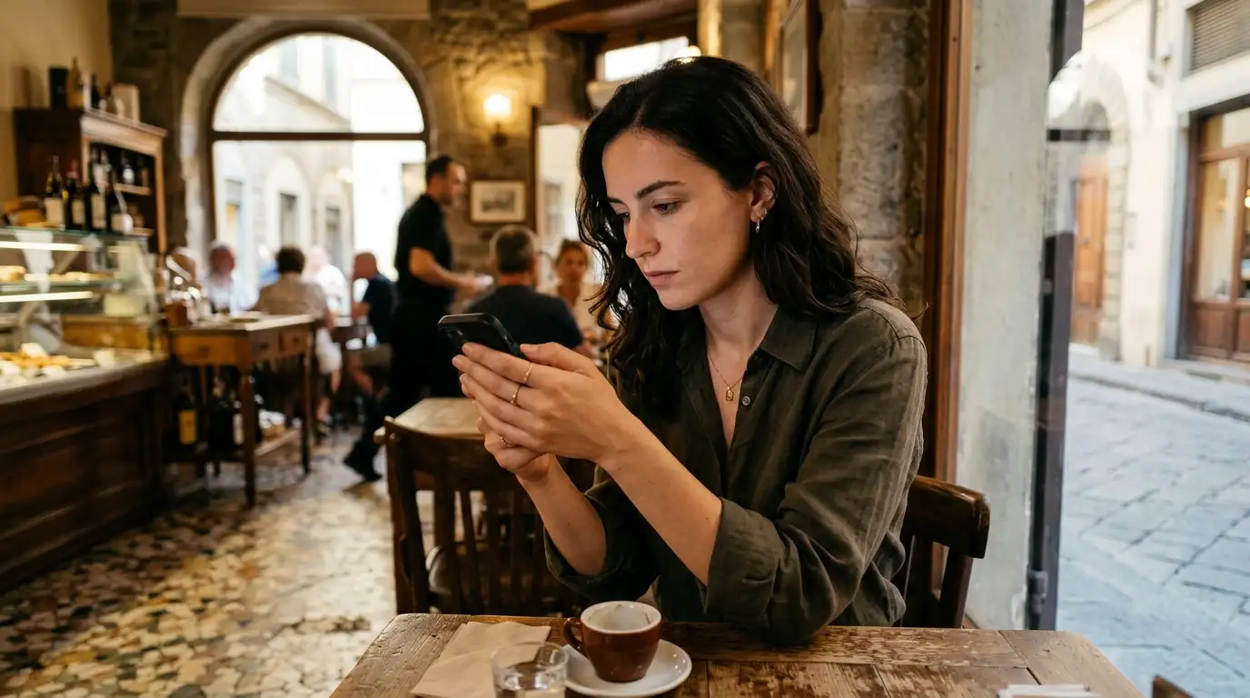 Persona in un bar che usa lo smartphone con attenzione, evitando di esporre lo schermo agli sguardi altrui