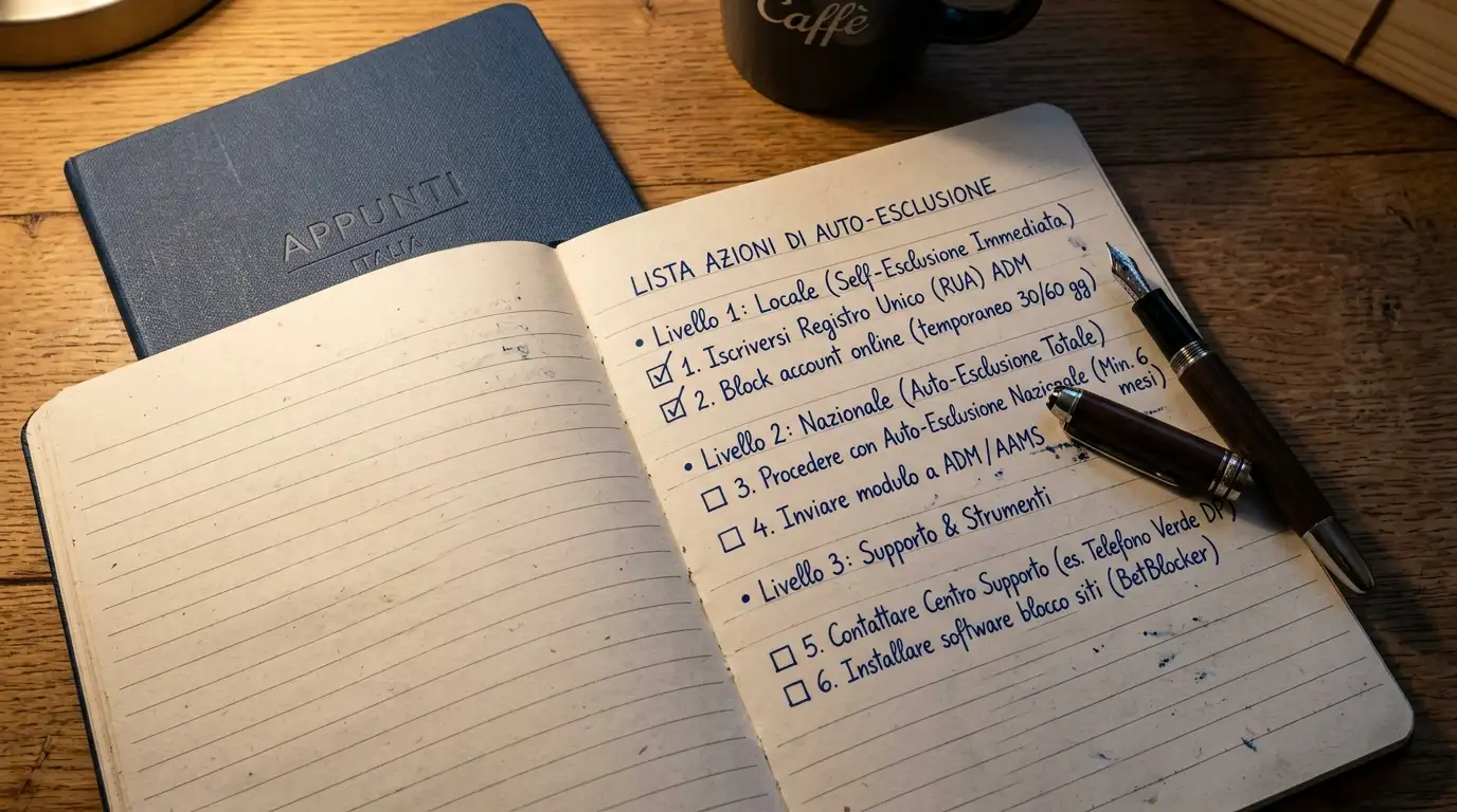 Quaderno con una checklist scritta a mano dei passi di autoesclusione su diversi livelli operativi