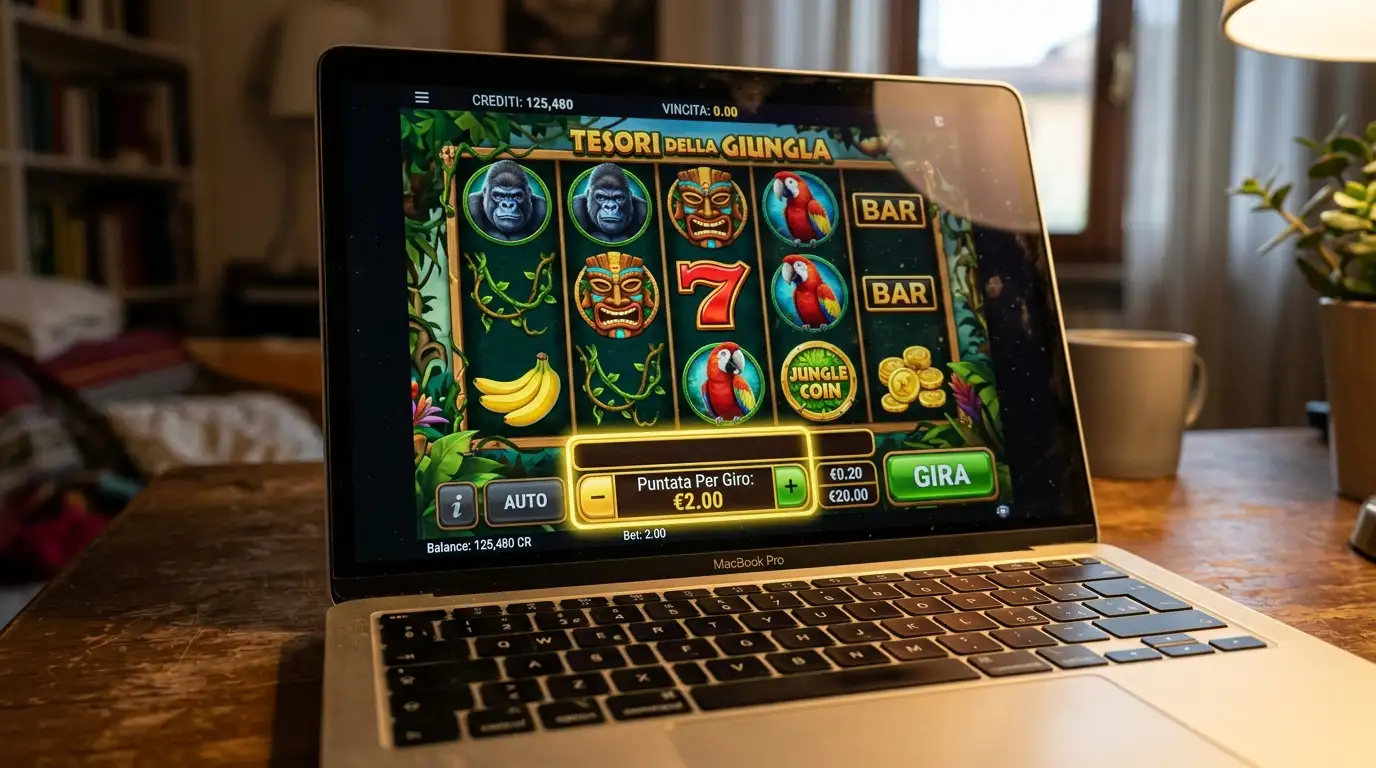 Schermo di laptop che mostra il pulsante puntata di una slot online con il valore del singolo giro