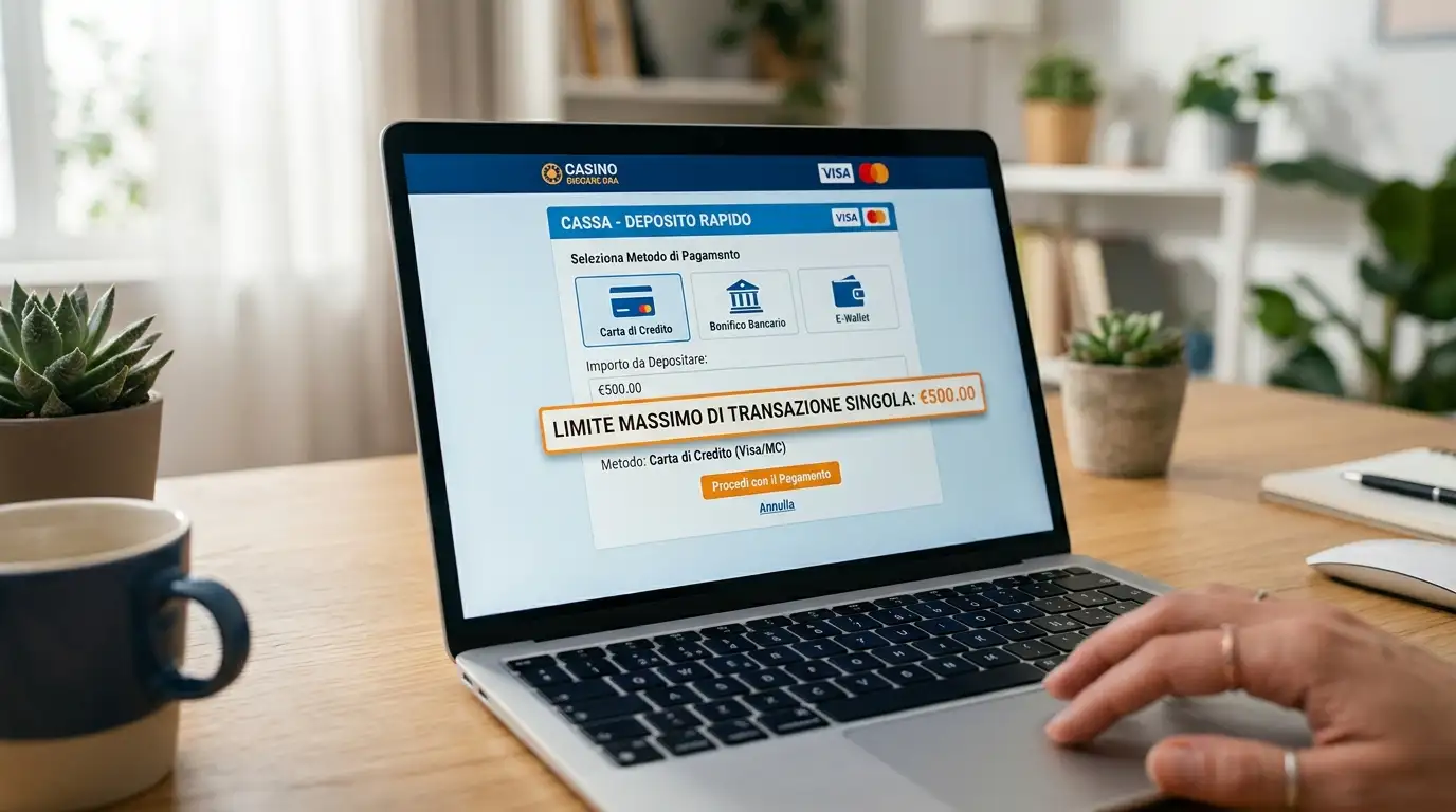 Schermo di laptop con un campo di deposito sulla pagina cassiere di un casinò che evidenzia il limite massimo