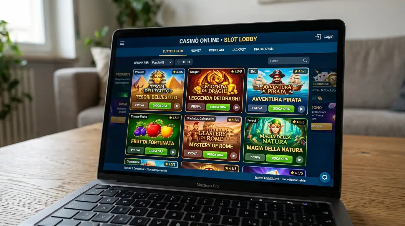 Schermo di laptop con una galleria di anteprime di slot di diversi provider disposte in griglia