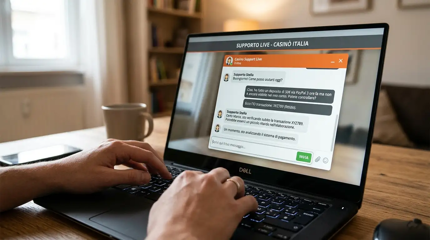 Schermo di laptop sulla finestra di supporto live di un casinò online aperta durante un problema