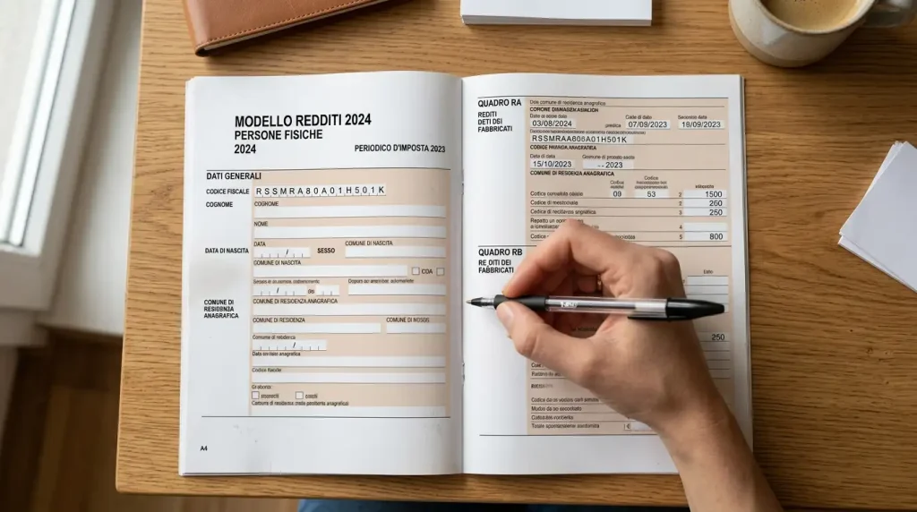 Persona seduta a una scrivania con documenti fiscali del modello redditi italiani aperti e una penna in mano