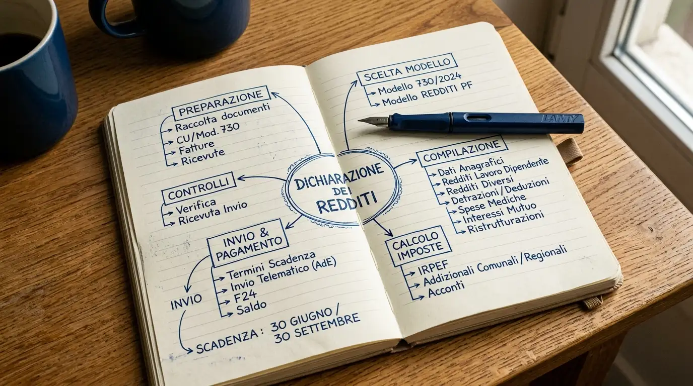 Quaderno con una mappa concettuale disegnata a mano che riassume i passi della dichiarazione fiscale