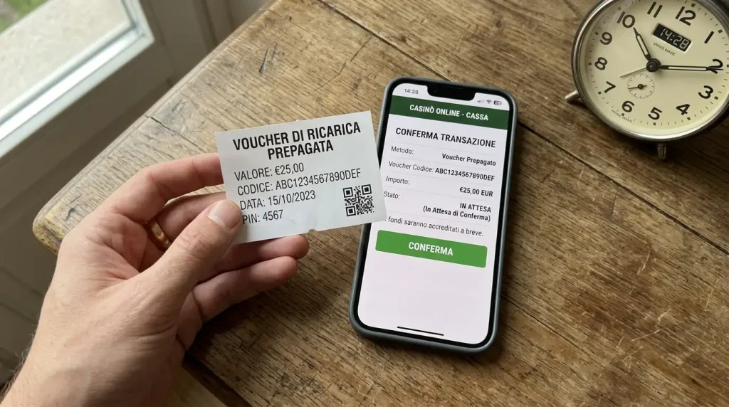 Smartphone su scrivania accanto a un orologio analogico che indica un tempo molto breve, scontrino voucher in mano