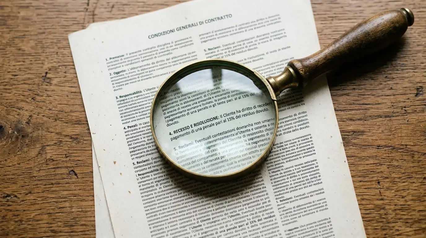 Lente d'ingrandimento posata su un documento stampato di termini di un casinò con paragrafi minimi