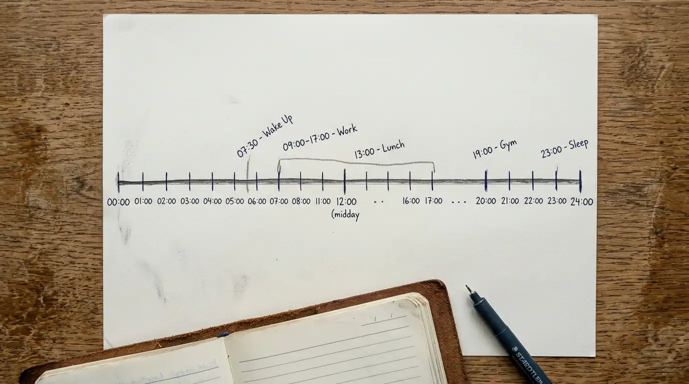 Linea temporale stampata su carta che illustra un periodo di ventiquattro ore con scaglioni orari evidenziati