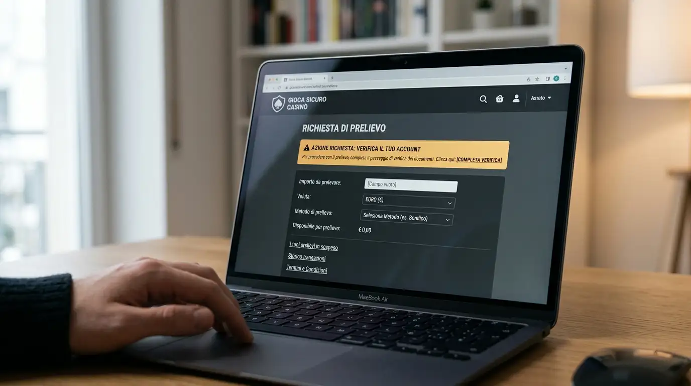 Schermo di laptop sulla pagina di richiesta prelievo di un casinò che richiede di completare la verifica
