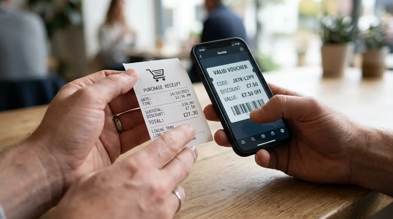 Mani che esaminano attentamente lo scontrino di un voucher prepagato confrontandolo con uno smartphone