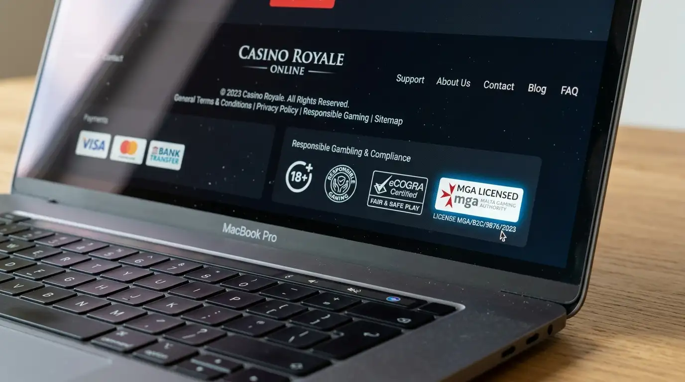 Schermo di laptop che mostra il footer di un casinò online con un sigillo di licenza cliccabile in evidenza