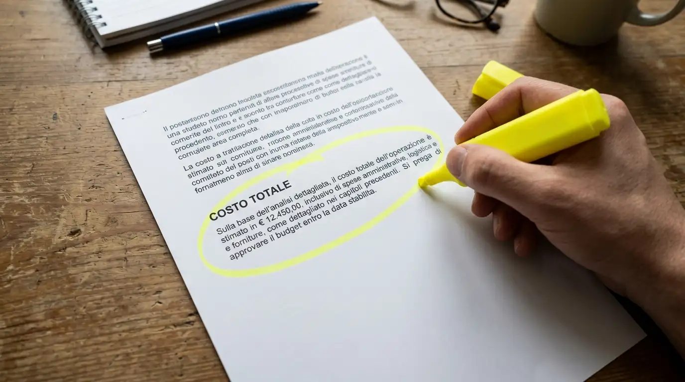 Mano che cerchia con un evidenziatore una voce relativa al costo totale di un voucher su un documento