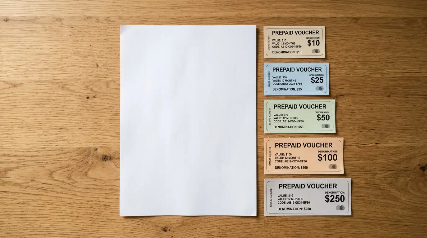 Foglio bianco su scrivania con riga di scontrini voucher di tagli crescenti disposti in ordine