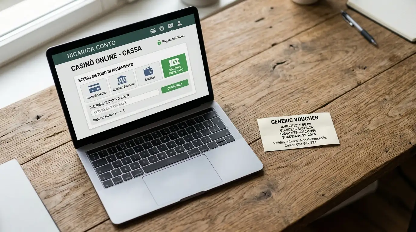 Voucher prepagato accanto a un laptop sulla cassa di un casinò con il metodo voucher selezionato