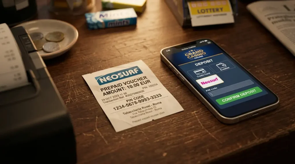 Voucher Neosurf da 10 euro su bancone di tabaccheria italiana accanto a smartphone con cassa casinò online aperta